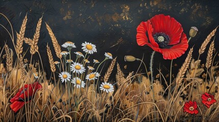 Red poppy and white yarrow bordering a wheat field