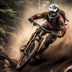 Mountain biker speeding down a rugged trail. 