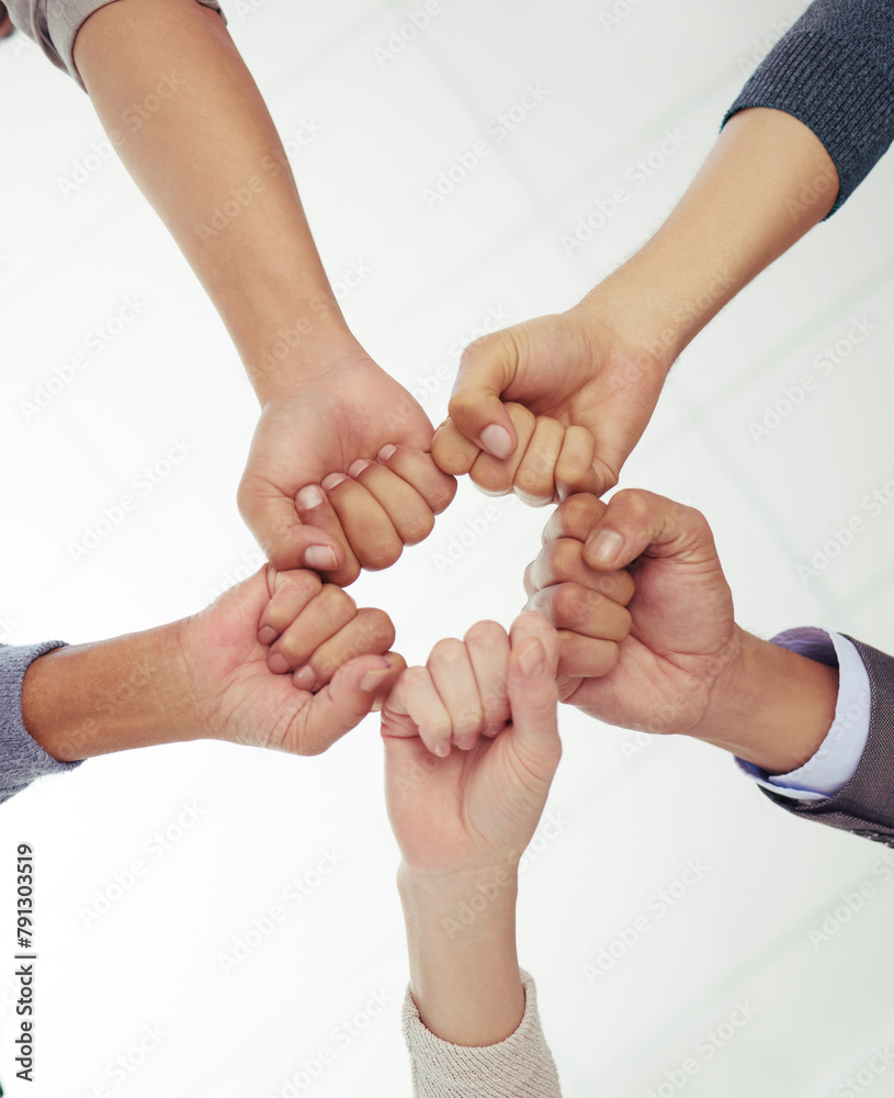 Poster Business, people and fist or hands for teamwork, collaboration and unity for power with diversity and motivation. Group, community and together for support for project or task success and partnership