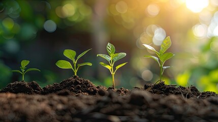 Young plants sprouting in sunlit soil - obrazy, fototapety, plakaty