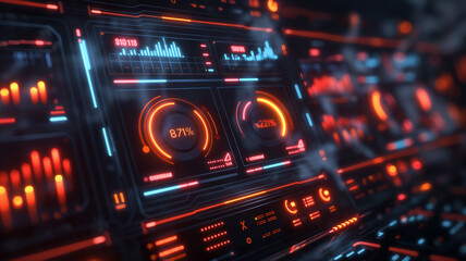 A computer monitor with a lot of glowing numbers and symbols