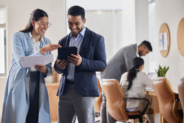 Coworking, office and people with report on tablet with teamwork, support and collaboration....