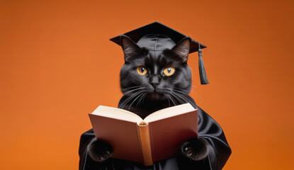 Smart cat in academic hat holding open book on an orange background with space for text, education concept.