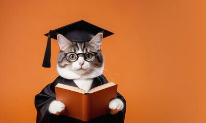 Smart cat in academic hat holding open book, education concept.