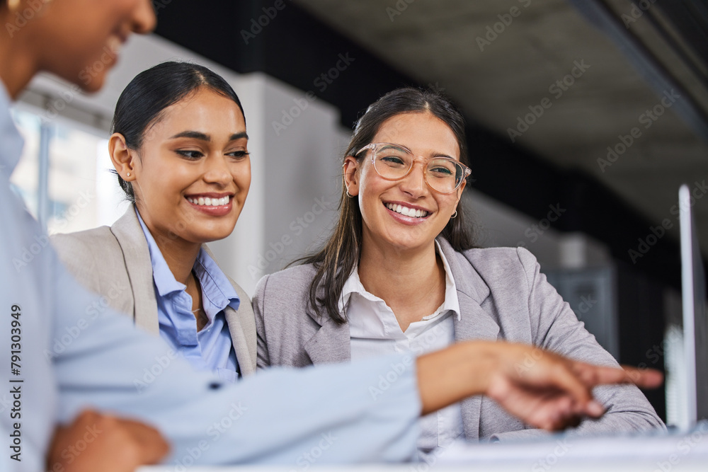 Poster People, help and learning in teamwork on laptop with collaboration in business for consultation. Project, mentor and coaching person on computer with support for ideas or teaching in conversation