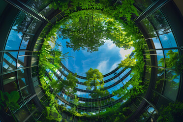 A circular glass building with green trees growing - Powered by Adobe