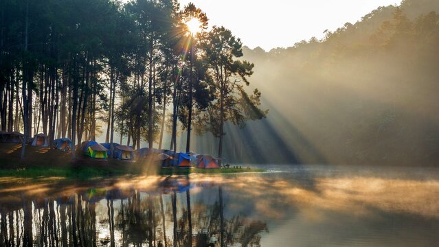 Pang ung lake with foggy morning mae hong son thailand
