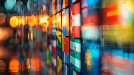The defocused backdrop of Global Connect features a mosaic of blurred flags and cultural symbols highlighting the inclusivity and global reach of this professional conference. .