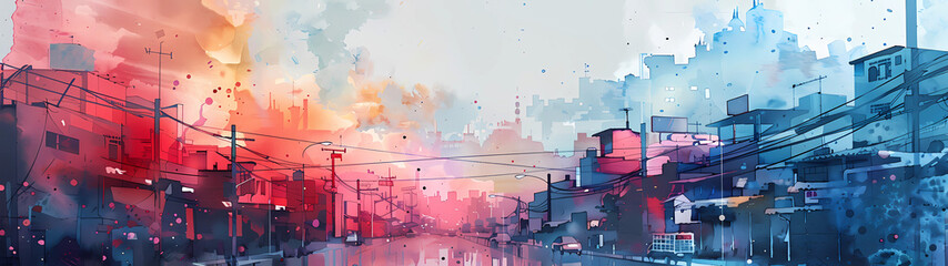 Dusky Hues Watercolor Impression of Urban Twilight