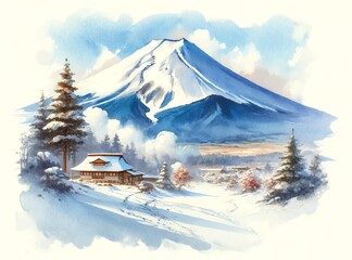  Watercolor painting of Mt. Fuji, Japan