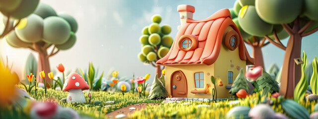 A 3d rendering of house in forest jungle cartoon banner background or backdrop