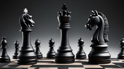 Black two horses chess stands with chess pieces on a chessboard. - Business winner and fight concept.
