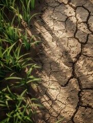 A contrasting image showing dry, cracked earth with a sign of life in the form of fresh green grass sprouting