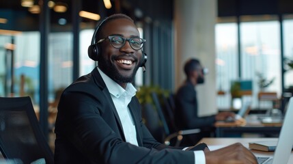 Cheerful black man wearing a headset at a modern office exudes friendliness and professionalism - obrazy, fototapety, plakaty
