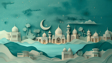 A paper drawing of a city with a large crescent moon in the sky