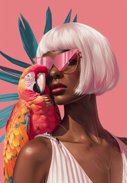 An artistic representation of a woman with vibrant, colorful parrot on a contemporary pink background