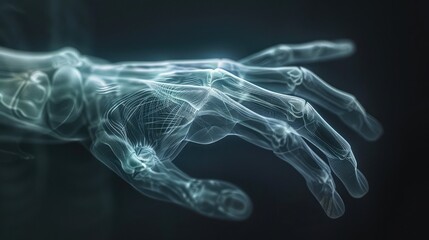 An X-ray image revealing the intricate structure of the human hand, showcasing the delicate balance between strength and dexterity that allows for precise manipulation and fine motor skills. - obrazy, fototapety, plakaty