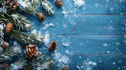 Winter Christmas background featuring fir branches pine cones and snow on a blue wooden surface