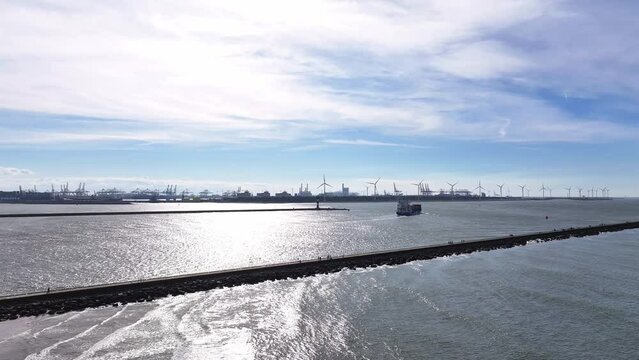 The NCL Svelgen Maneuvering Through the Ship Canal at Hoek van Holland in the Netherlands - Aerial Drone Shot
