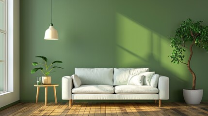 Stylish mid-century modern living space with a pristine white sofa, a single green plant enhancing a green wall, warm wood flooring, minimalist and eco-centric design