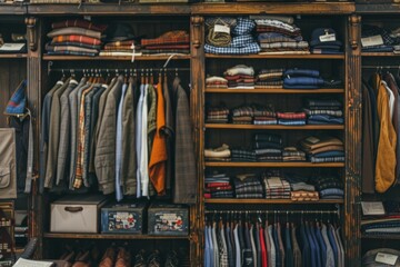 Stylish home wardrobe fashion aesthetic beauty thrifted clothing vintage modern luxury clothes garments room in apartment design lifestyle rack to choose dress hanging shirt pants jeans