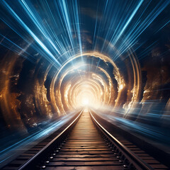 Train traveling through a tunnel of light. 