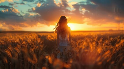 woman in a dress standing in a wheat field during sunset