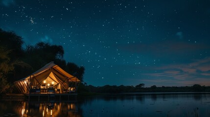 A luxurious tent on the edge of a remote lake offering guests an unrivaled view of the night sky and an opportunity to disconnect and recharge in a serene setting. 2d flat cartoon.