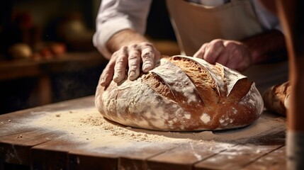 Close-up of a baker scoring a sourdough loaf, with the blade creating a precise ear in the dough, in a professional bakery.