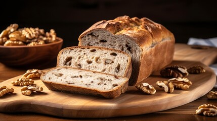 Walnut sourdough loaf, close-up, with visible chunks of walnuts in the cut section, on a natural wood surface for contrast. - obrazy, fototapety, plakaty