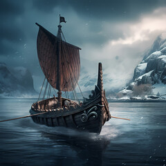 Viking longship sailing through icy waters.  - obrazy, fototapety, plakaty