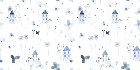 Cute seamless pattern with different wild flowers and cute little houses. Watercolor background for fabric, textile, nursery wallpaper. Meadow with wild flowers. Blue background.
