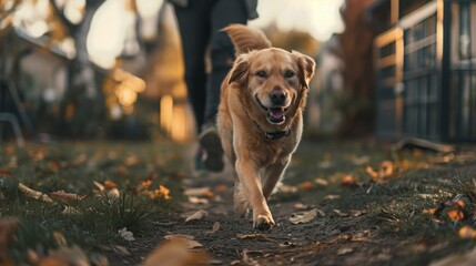 A cute Golden retriever dog enjoying the park and walking on the street