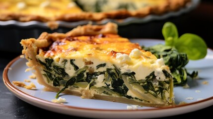 Gluten-free quiche, close-up, with a golden flaky crust and a rich, savory filling of spinach and feta, on a vintage plate. 