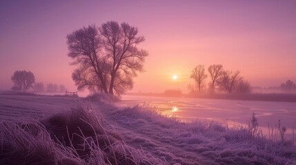 Frozen river trees sunset