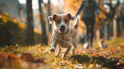 beagle Running in an Autumn Park - obrazy, fototapety, plakaty