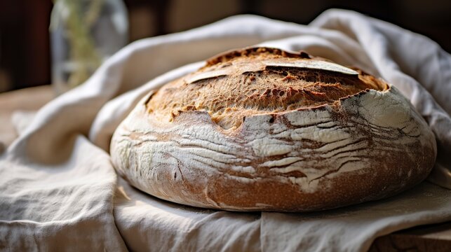 Artisan gluten-free sourdough loaf, close-up, showcasing the crunchy crust and chewy interior, on a rustic cloth. 