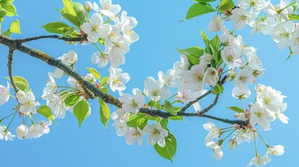 Branch of tree with white flowers under blue sky