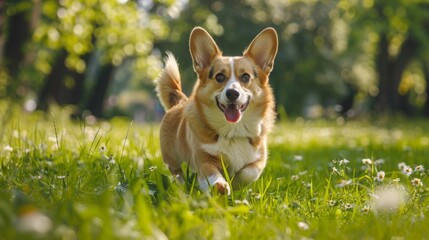 A Border Corgi  Dog Playing in Grass , The dog has a happy with its tongue out