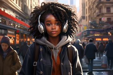 Urban portrait of an african-american teenager girl in headphones outdoor.