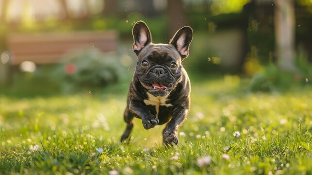 Cute French Bulldog Puppy Playing in the Park on Grass