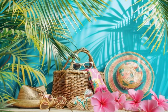 Fototapeta Tourist travel bags on a simple background summer season holiday vacation travelling exploring cultures countries luggage baggage travel agency trip journey tour concept sunbathing beach offshore