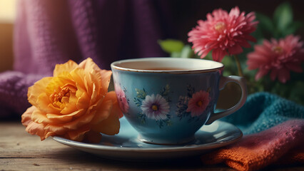 Still life a cup of tea, sweater and flower, vibrant colors