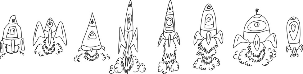 Set of space rockets. Hand drawing. Vector illustration. Hand drawing.