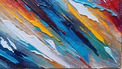 Closeup of abstract rough colourful colours painting texture, with oil brushstroke, pallet knife paint on canvas - Art background illustration. Art concept.