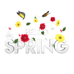 3d rendering hello spring text with flowers and butterflies isolated on transparent background, PNG file add