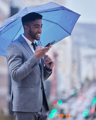 Speaker, phone call and businessman with umbrella in city for deal, negotiation or b2b client networking on winter commute. Hello, rain or smartphone app for translation, memo or travel assistance