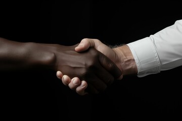 Two hands from different races shaking hands, a closeup of their handshake isolated on a dark background. Generative ai