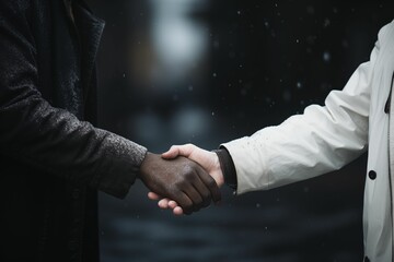 Close up of an african man and white man shaking hands, standing outdoors in the snow, wearing winter coats against a dark background. Generative AI