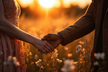 Close up of an african man's hand holding a white woman's hands, standing in a field at sunset, warm tones, flowers, in the style of cinematic. Generative AI